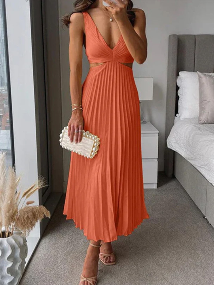 Ins Suspender Pleated With Hollow-waisted Long Dress - Image 9