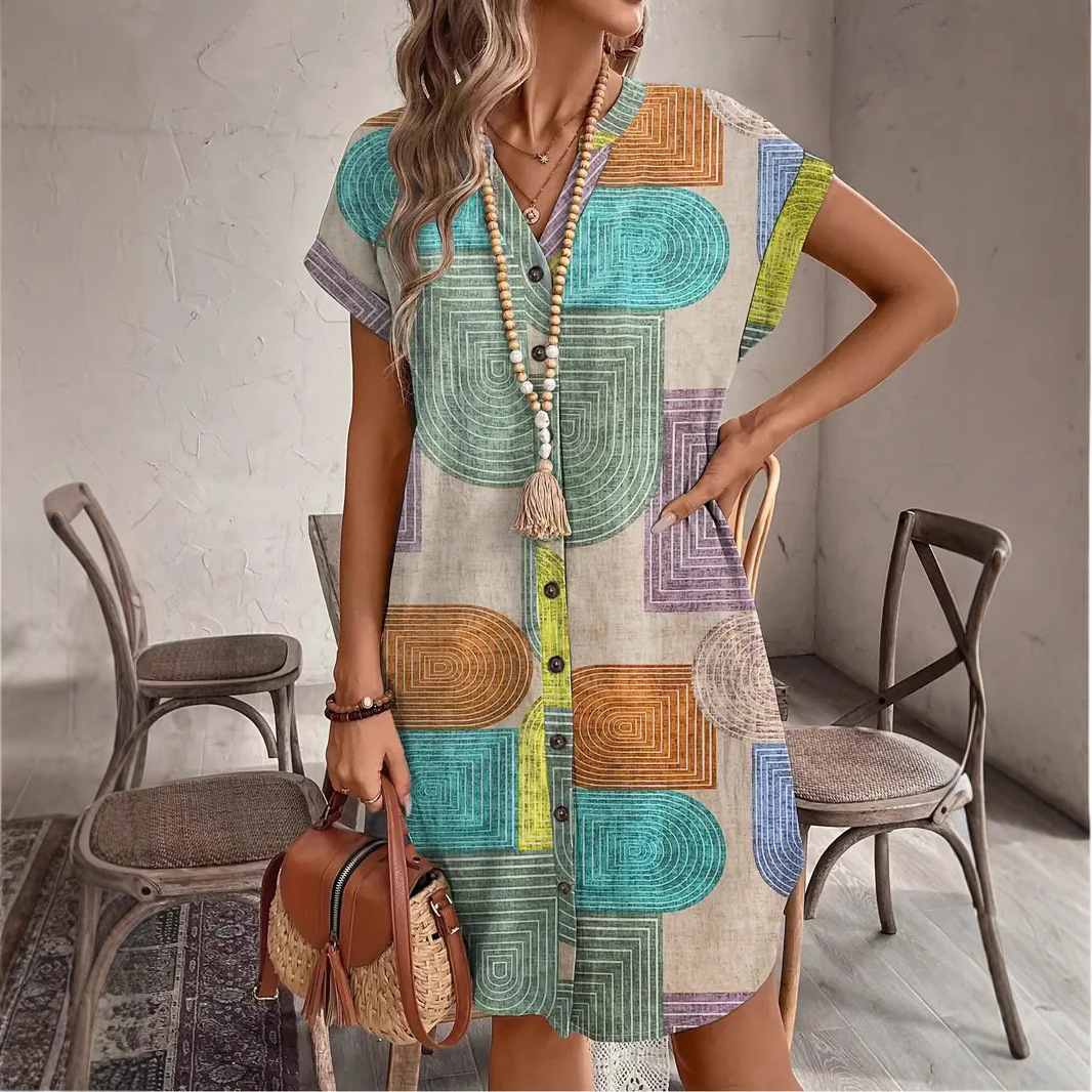 Printed Woven Elegant V-Neck Button Dress - Image 2