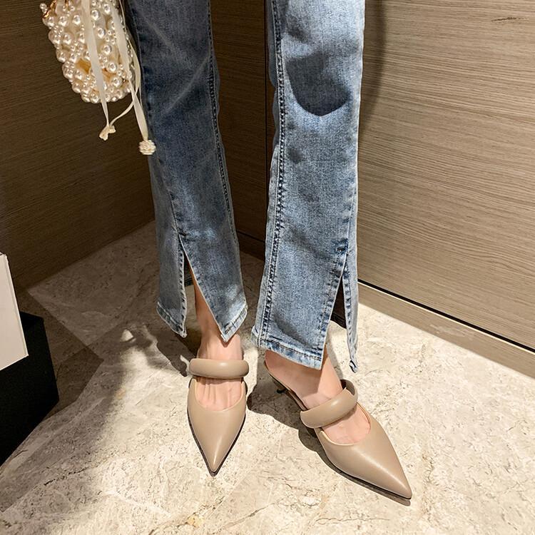 High Heels Leather Pointed Toe Slippers - Image 2