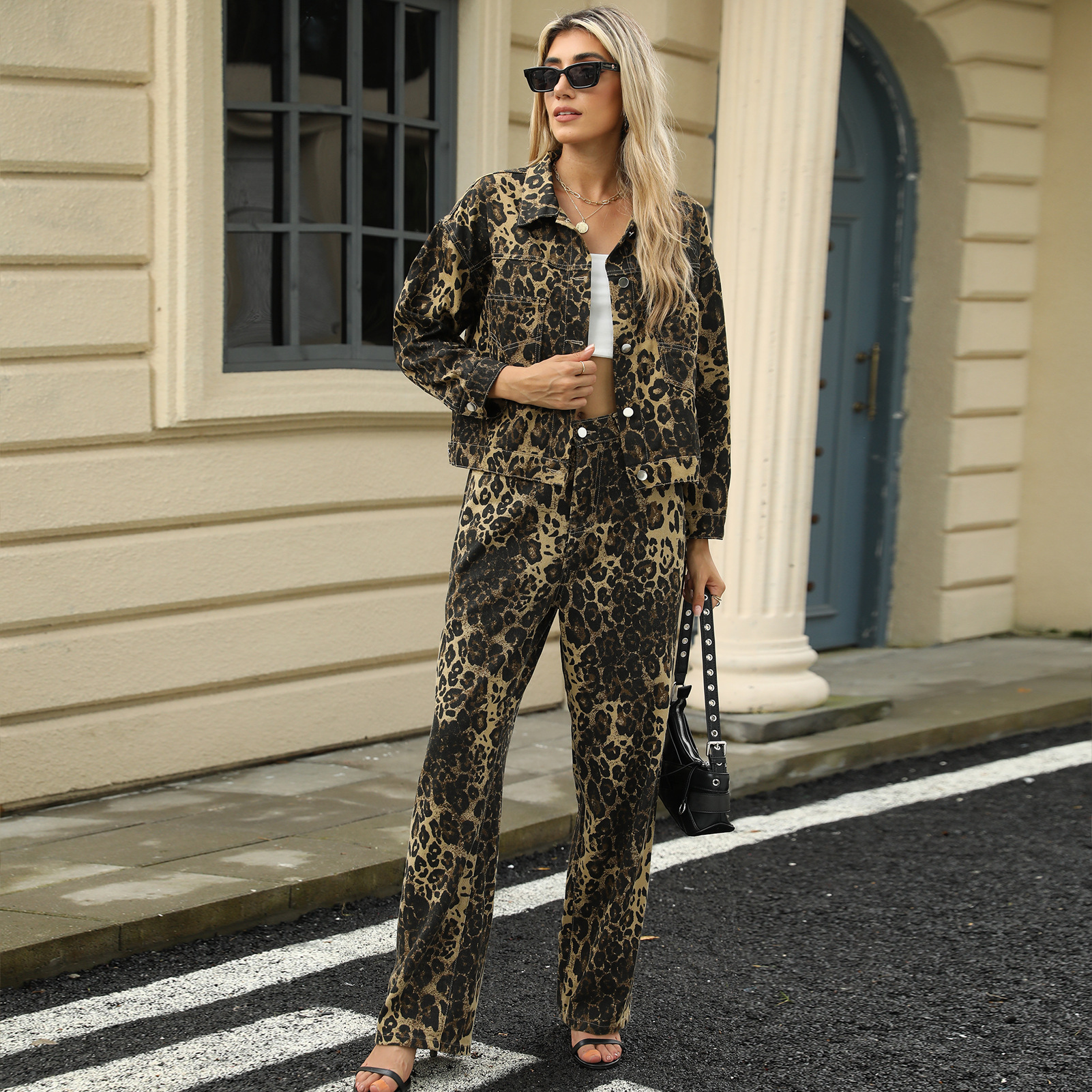 Washed Leopard Print Denim Coat Jacket - Image 4
