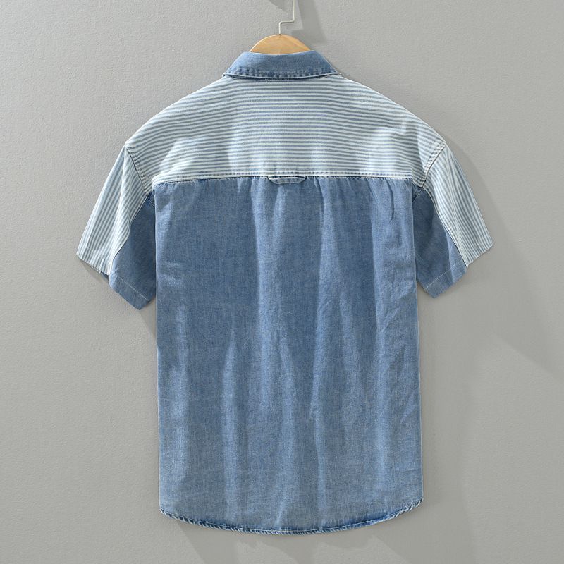 Denim Color Contrast Patchwork Short Sleeve Shirt - Image 3