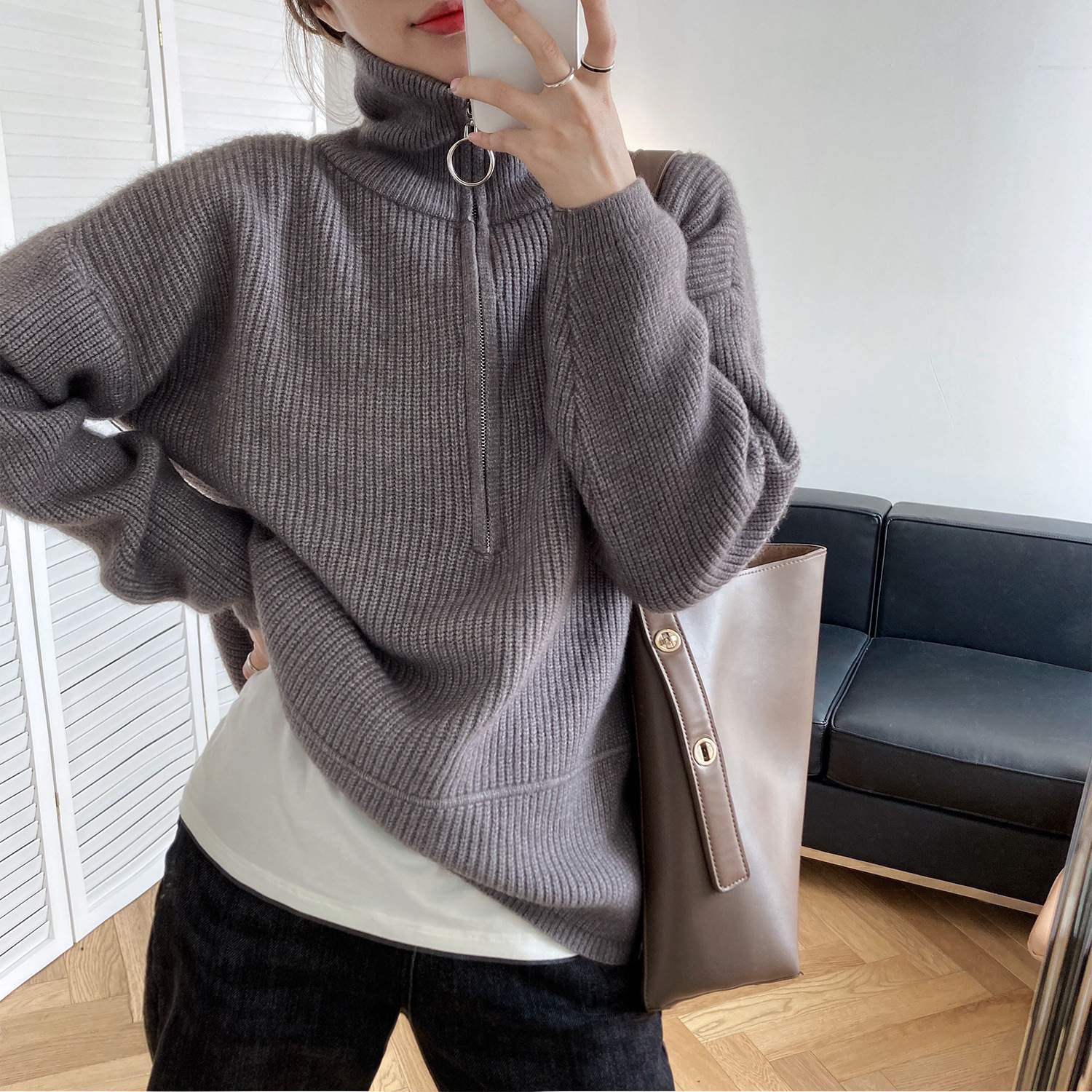 High Neck Zipper Lazy Loose Pullover Sweater - Image 5