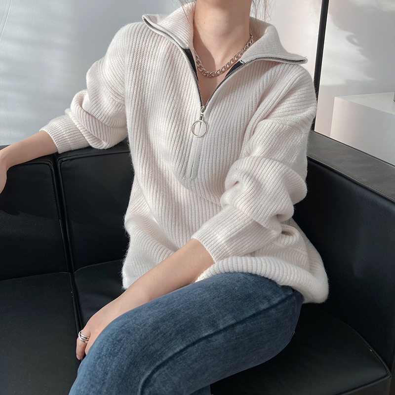 High Neck Zipper Lazy Loose Pullover Sweater - Image 3