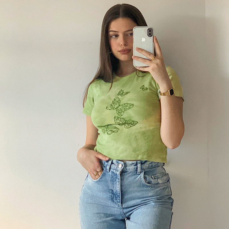Short Sleeve Butterfly Short Green Print Top - Image 4