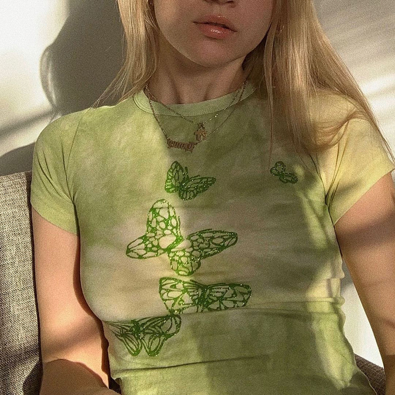Short Sleeve Butterfly Short Green Print Top - Image 5
