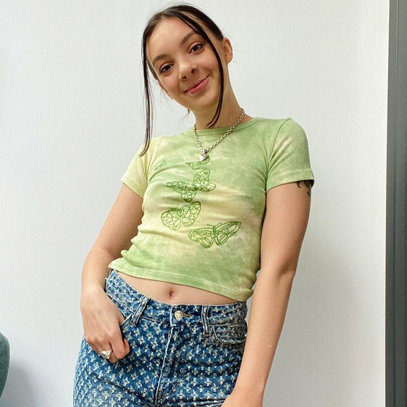 Short Sleeve Butterfly Short Green Print Top - Image 3