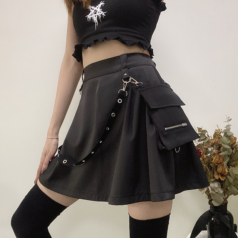 High Waist Strap Zipper Pleated Skirt - Image 4