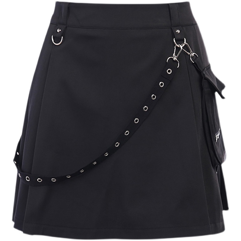 High Waist Strap Zipper Pleated Skirt - Image 3