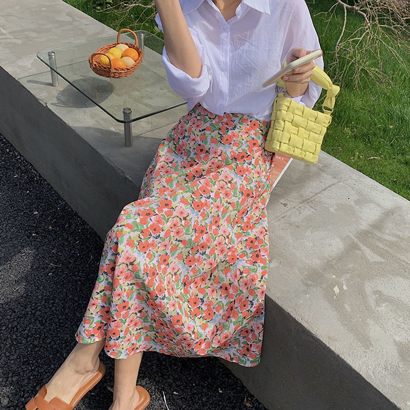 Mid-length High Waist Floral Skirt