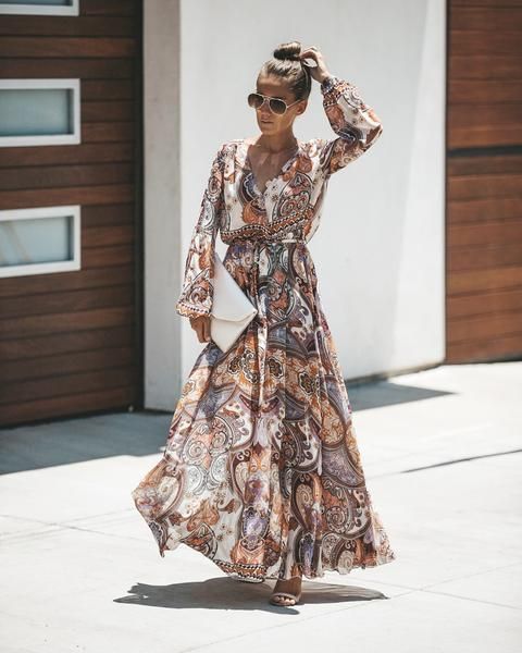 Printed Long Sleeve V-Neck Dress - Image 2