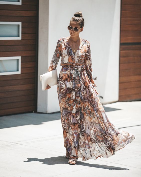 Printed Long Sleeve V-Neck Dress - Image 3