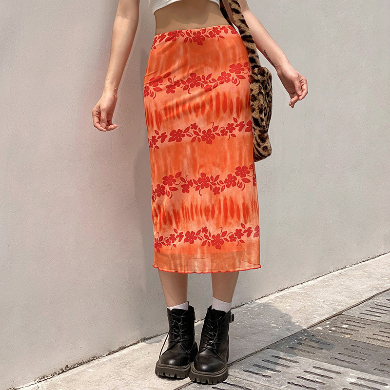 Fashion High-Waist Over-The-Knee Floral Contrast Print Skirt