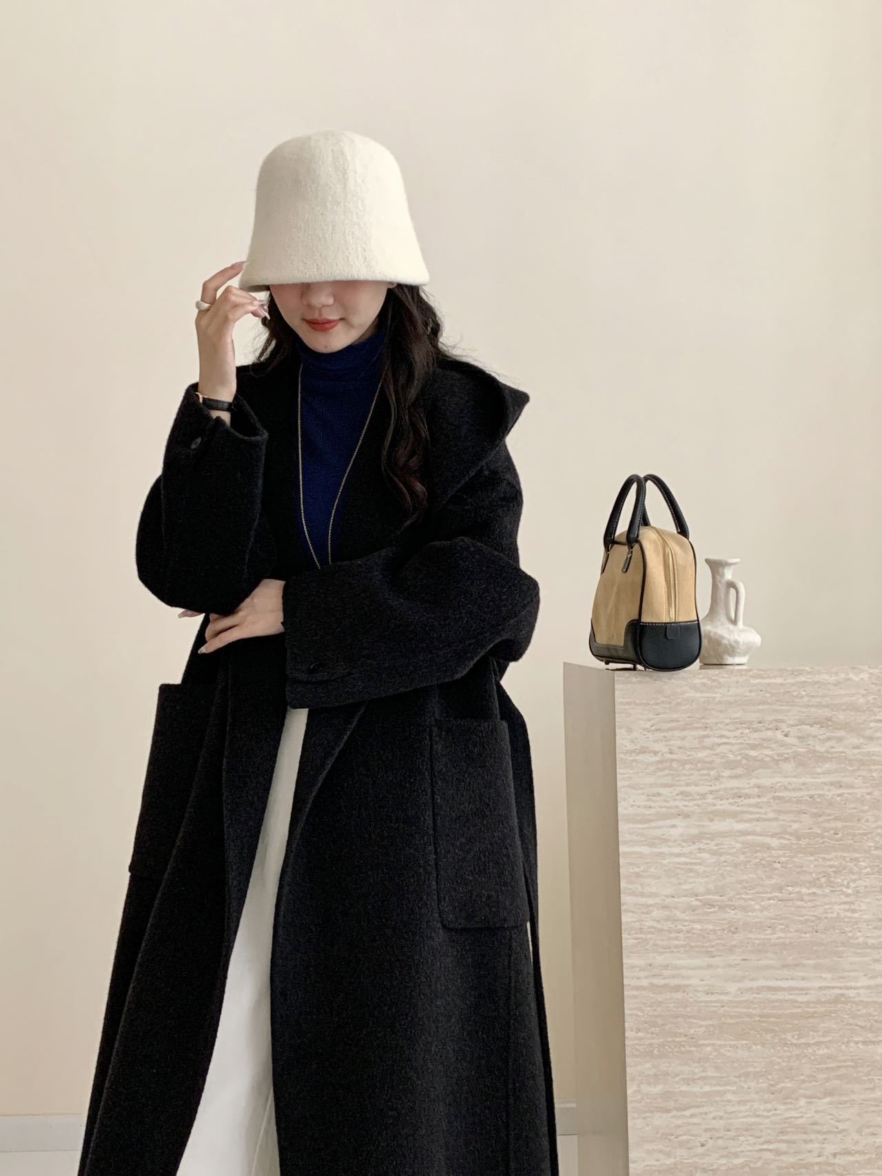 Solid Color Hooded Wool Overcoat - Image 3