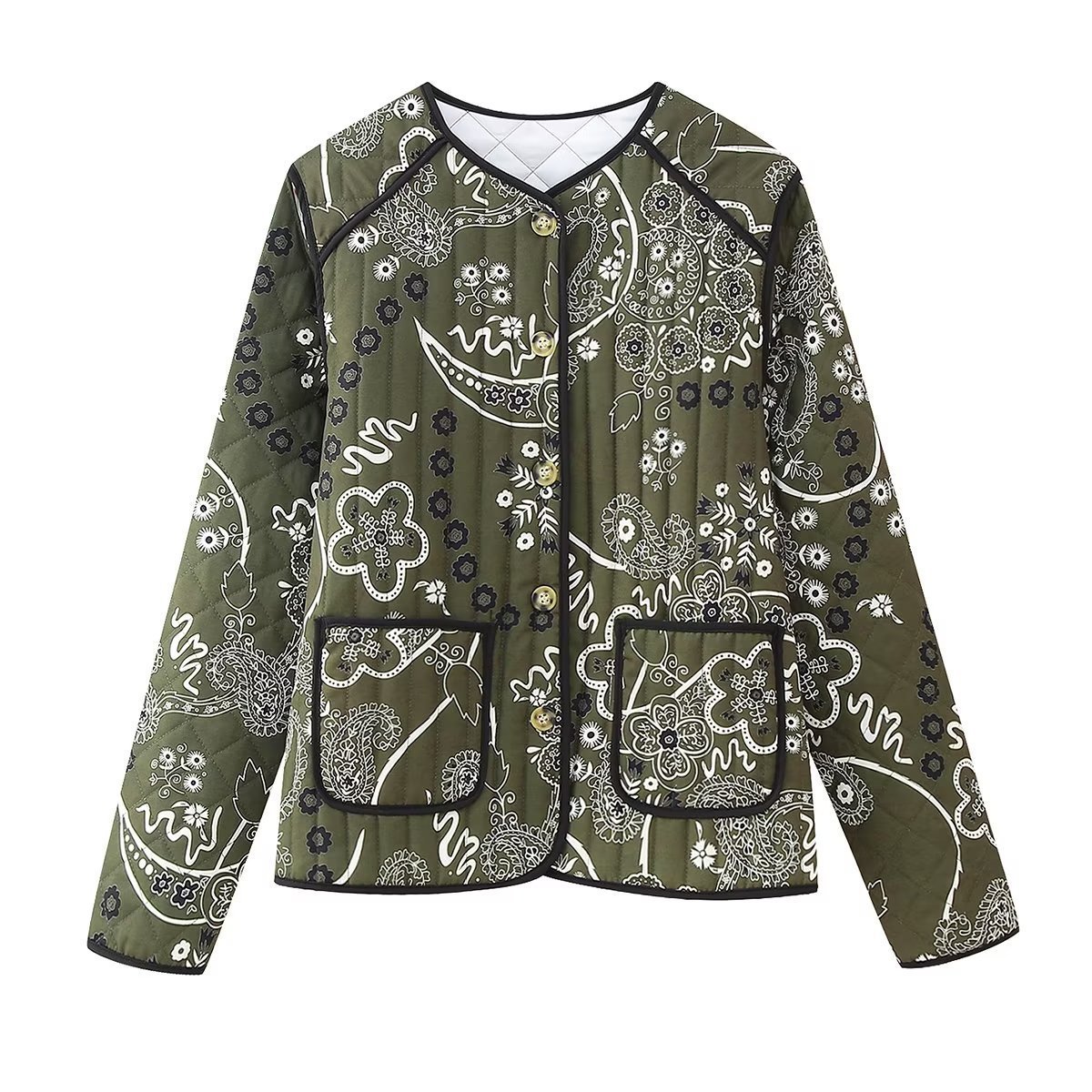 Winter Quilted Cotton Printed Round Neck Coat - Image 6