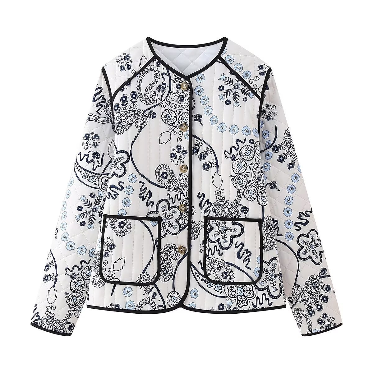 Winter Quilted Cotton Printed Round Neck Coat - Image 10