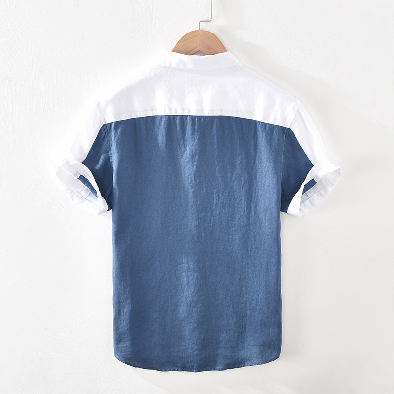 Short Sleeve Men's Patchwork Linen Shirt - Image 3