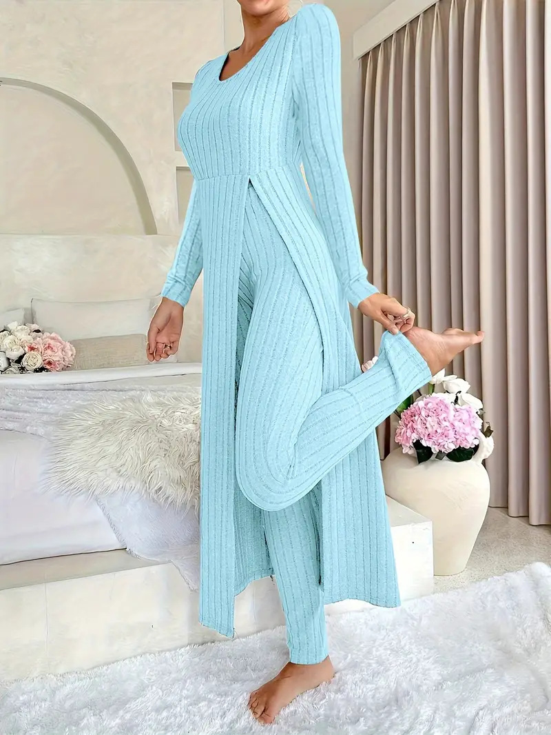 Crew Neck Split Long Sleeve Two-piece Set - Image 3