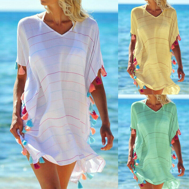 Striped Tassel Ball Beach Cover-Up