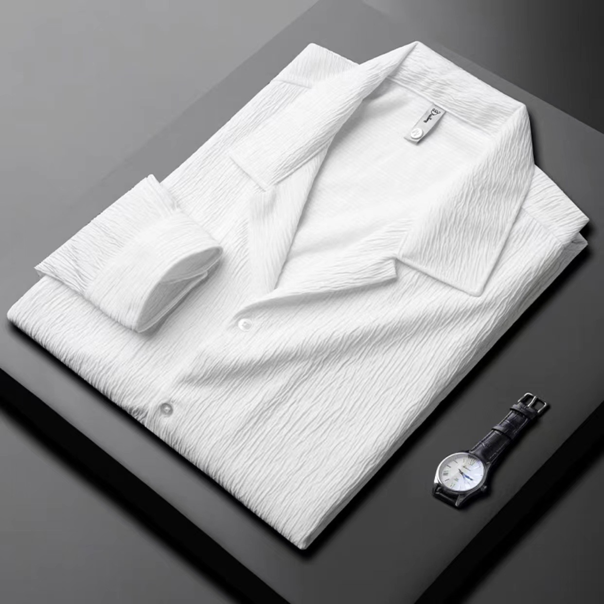 Men's Long Sleeve Cuban Collar Pleated Shirt - Image 3