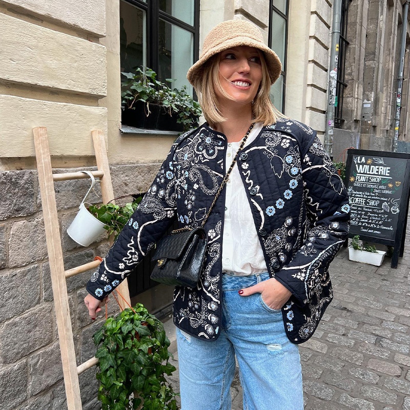Winter Quilted Cotton Printed Round Neck Coat