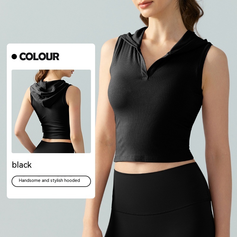 Women's Solid Hooded Ribbed Yoga Vest - Image 2