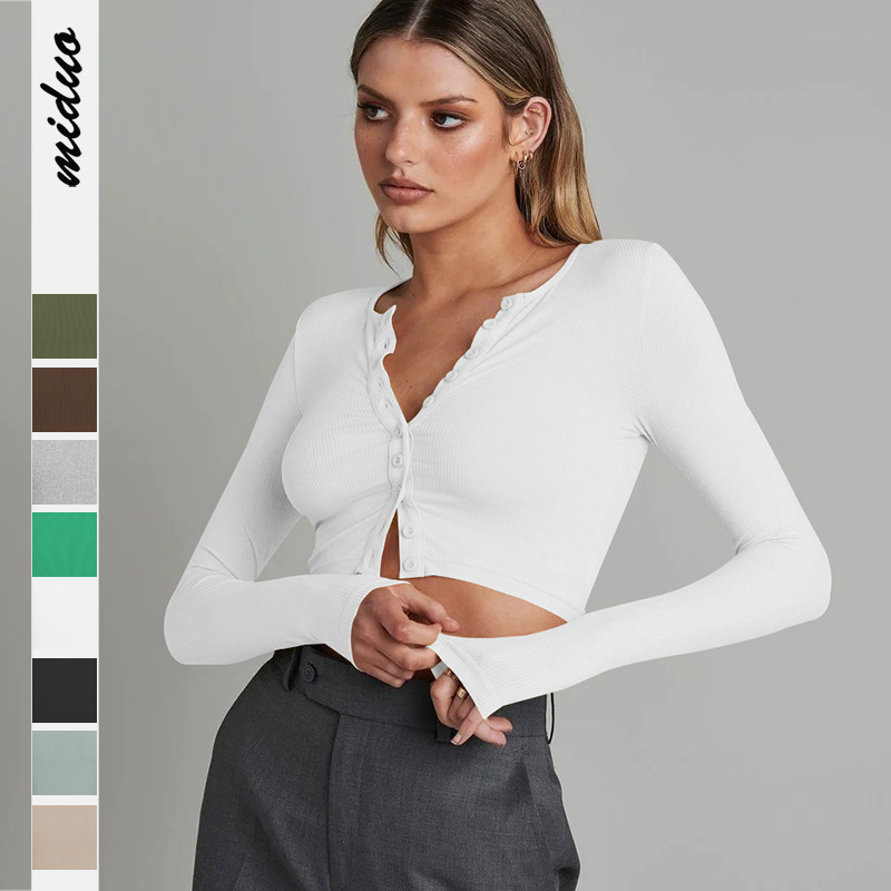 Long Sleeve Button Rib Knitted Cropped Top