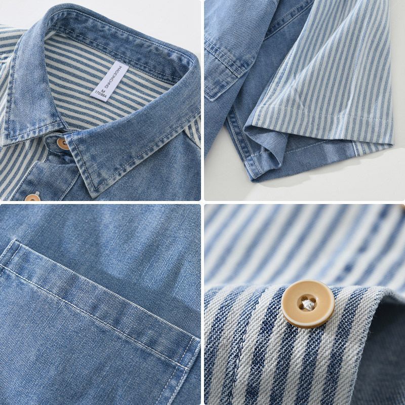 Denim Color Contrast Patchwork Short Sleeve Shirt - Image 5