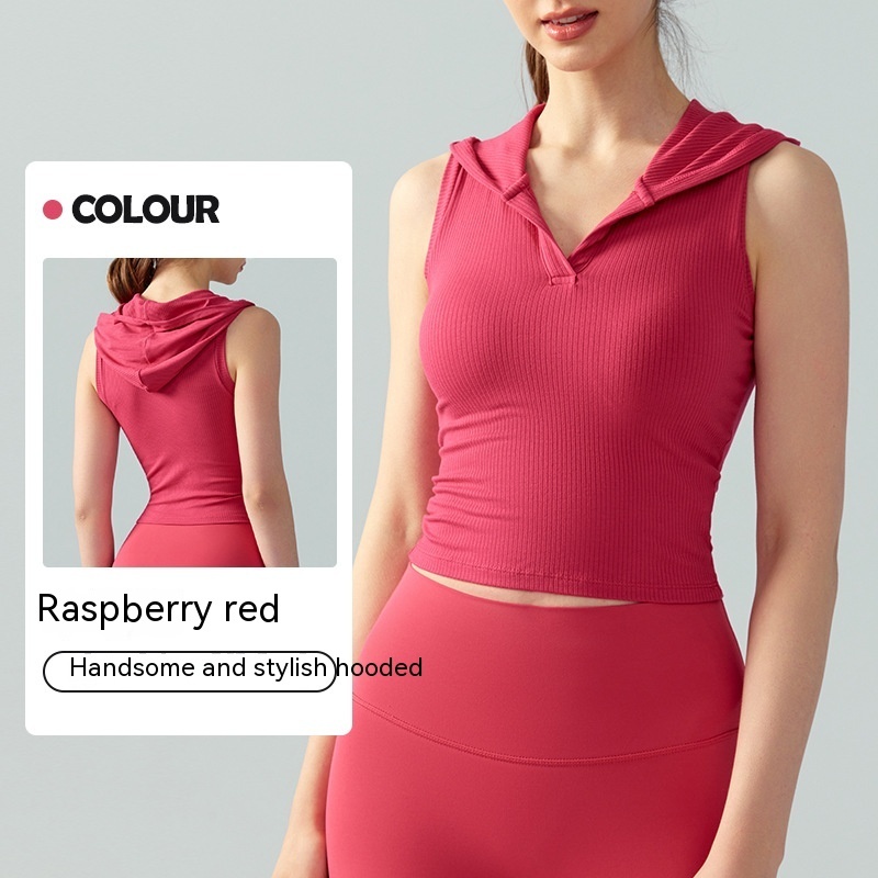 Women's Solid Hooded Ribbed Yoga Vest - Image 10