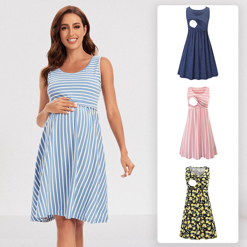 Striped Panel Sleeveless Maternity Dress