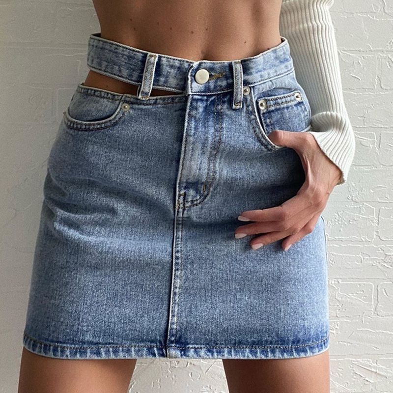 One Side Cutout Denim Skirt - Image 4