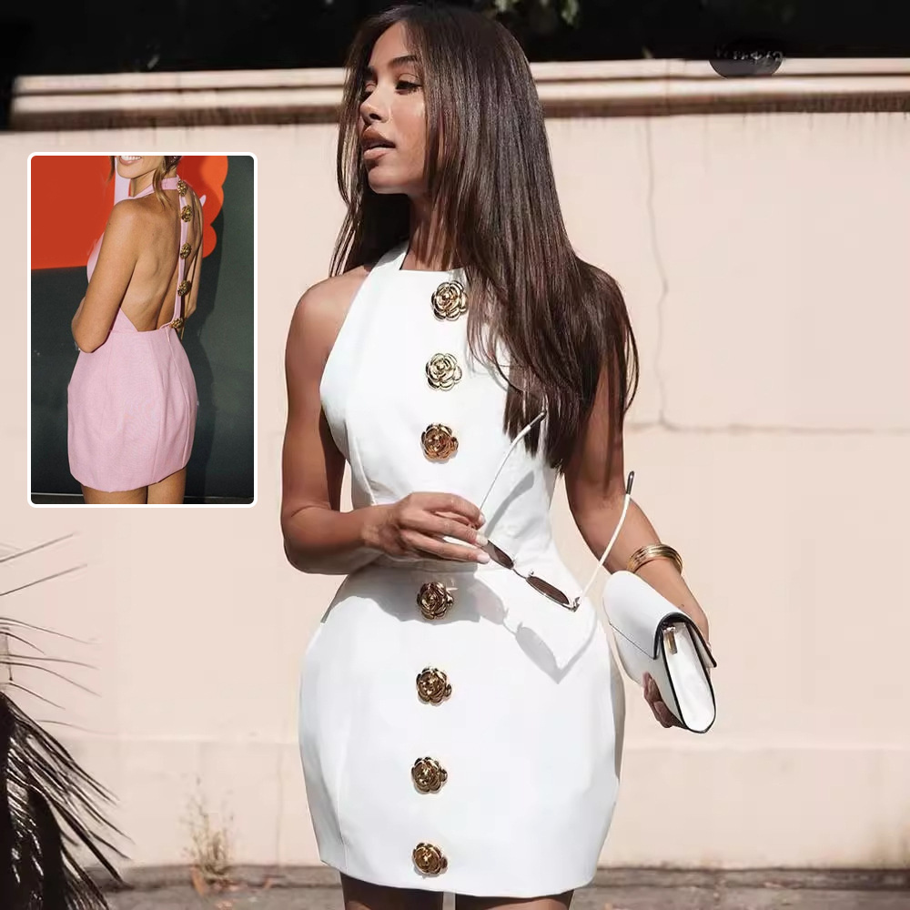 Sleeveless Backless Dress With Rose Button Design