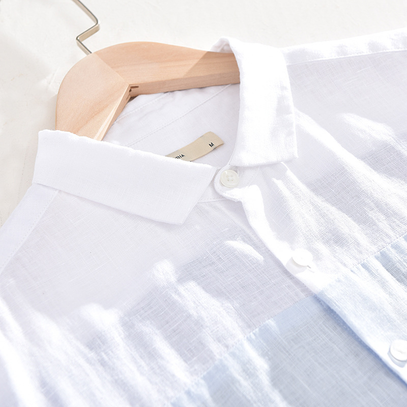 Short Sleeve Men's Patchwork Linen Shirt - Image 5