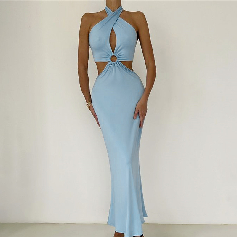 Stitching Neck Straps Backless Long Dress - Image 3