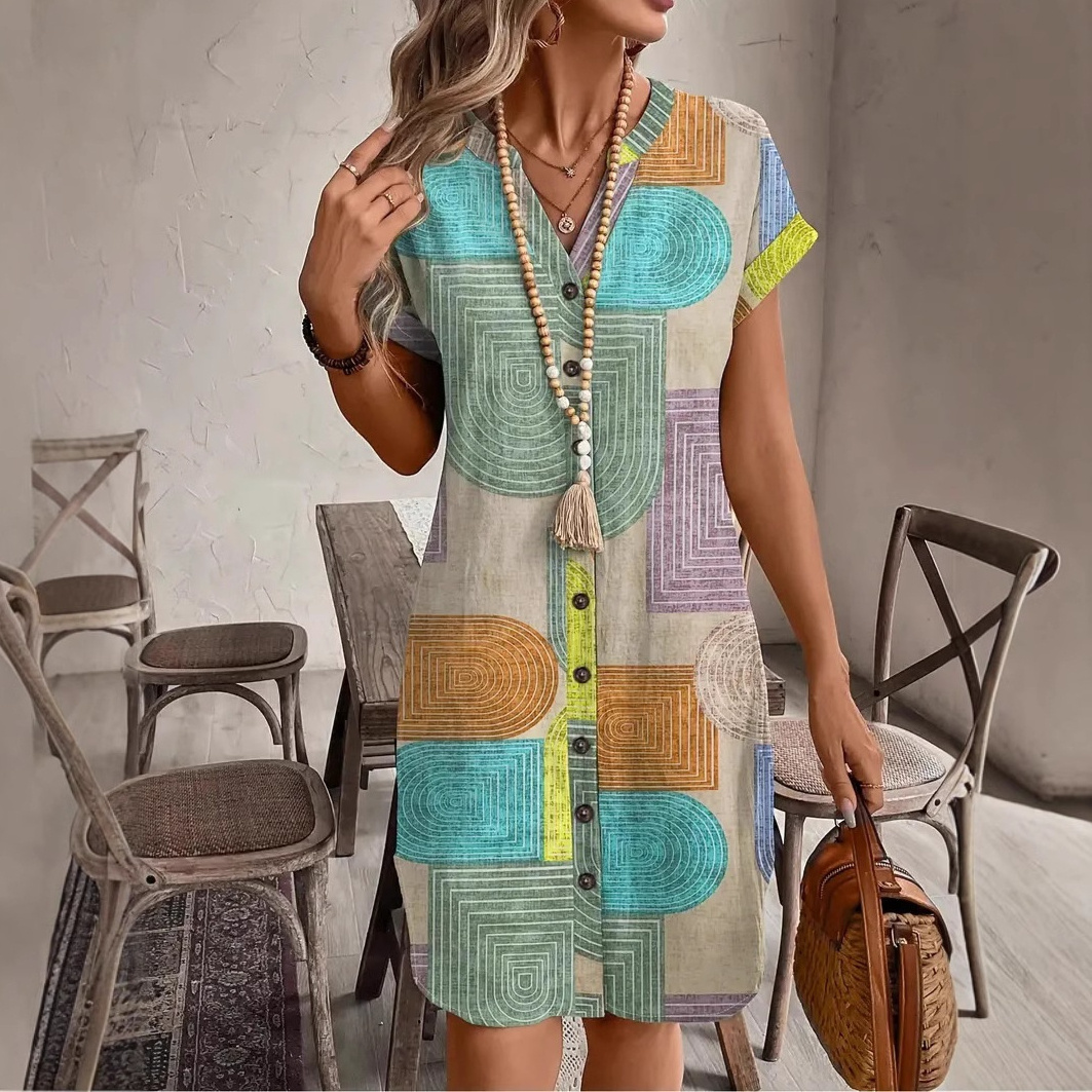 Printed Woven Elegant V-Neck Button Dress