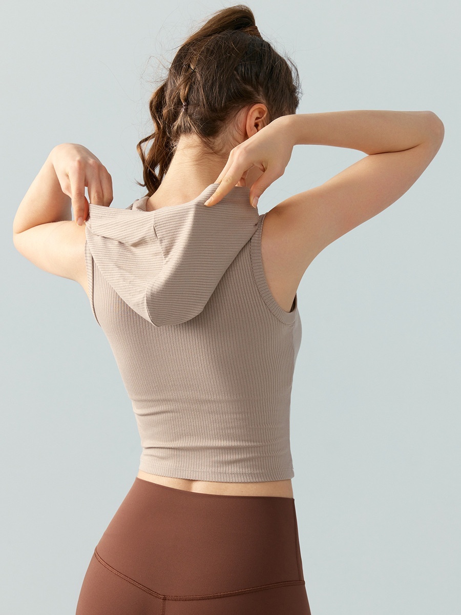 Women's Solid Hooded Ribbed Yoga Vest - Image 3