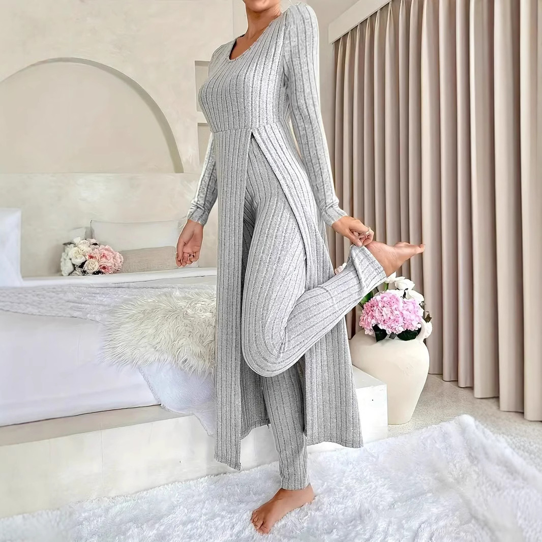 Crew Neck Split Long Sleeve Two-piece Set - Image 4