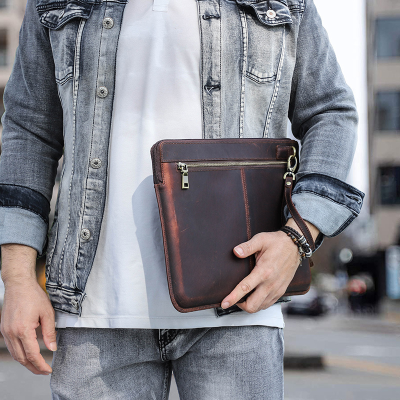 Retro Crazy Horse Leather Notebook Zipper Bag