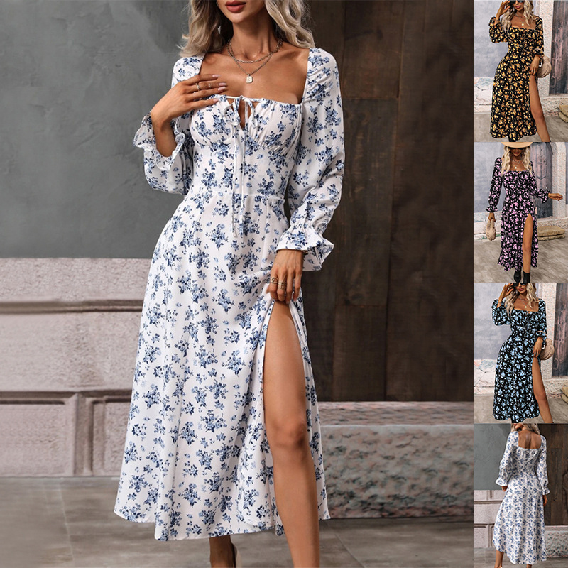 Flowers Printing Square-Neck Bottom Slit Dress