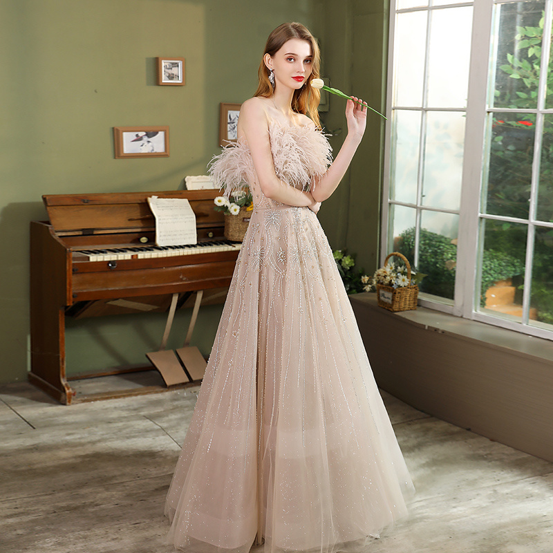 Feather Long Frock Styled Maxi Evening Dress