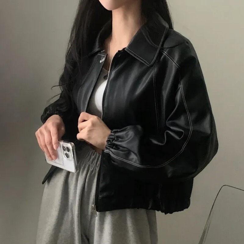 Women Fashion Cropped Leather Coat