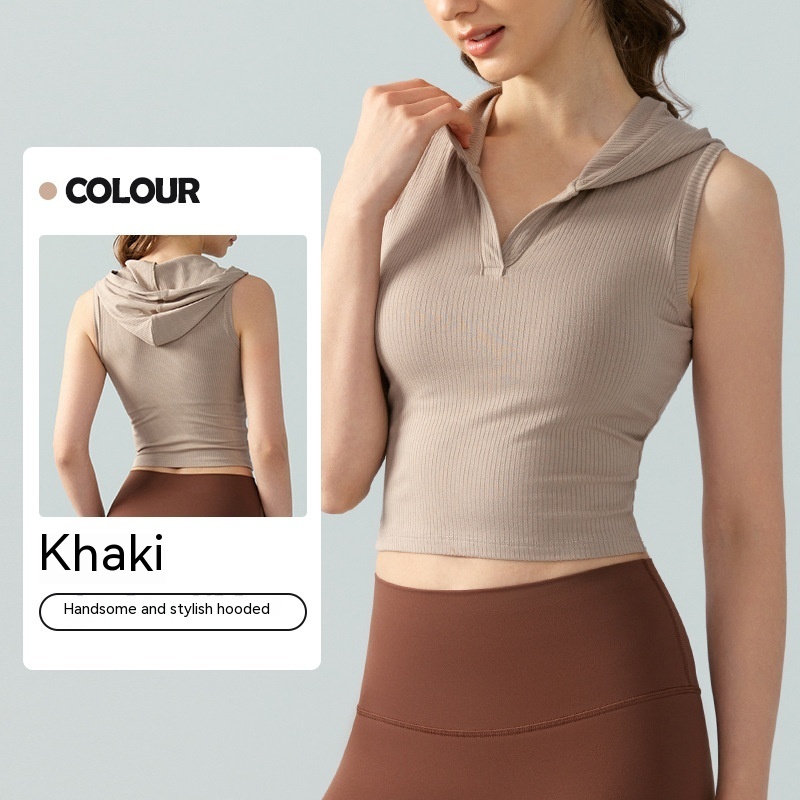 Women's Solid Hooded Ribbed Yoga Vest - Image 6