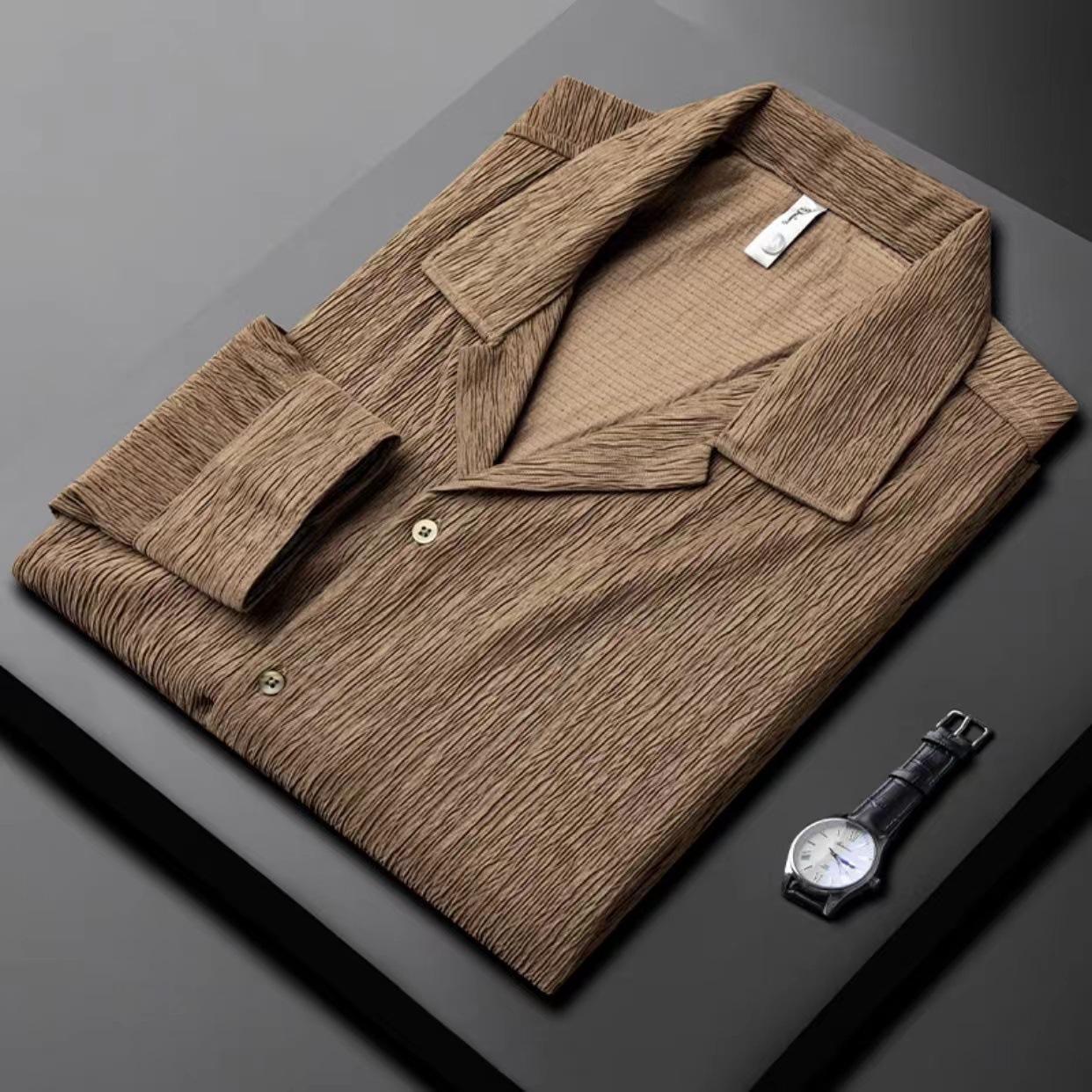 Men's Long Sleeve Cuban Collar Pleated Shirt - Image 7