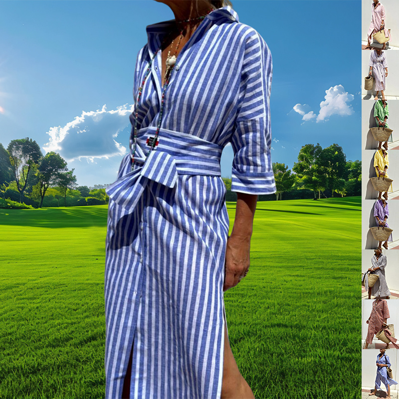 Lapel Button Striped Shirt Dress