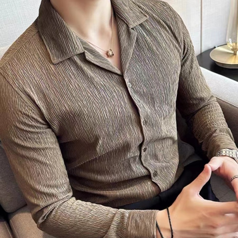 Men's Long Sleeve Cuban Collar Pleated Shirt