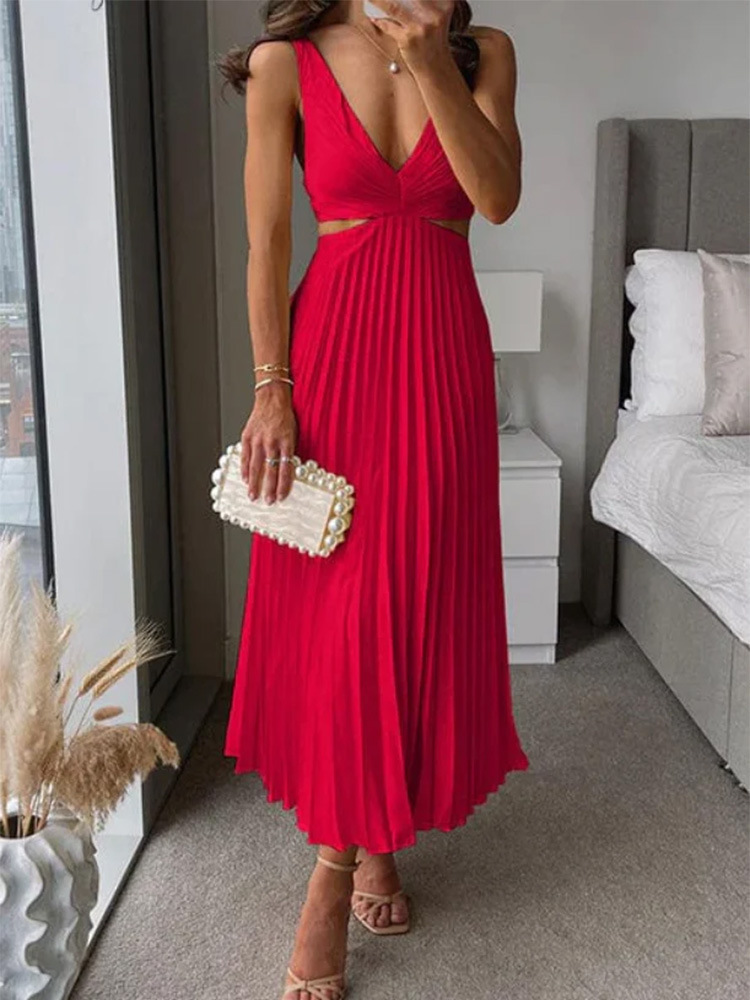 Ins Suspender Pleated With Hollow-waisted Long Dress - Image 5