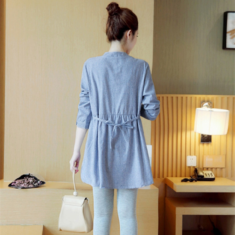 Maternity Collar Striped Stand-Up Embroidery Maternity Top - Image 3