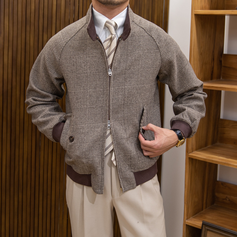 Plaid Stand Collar Slim-fit Cashmere Jacket - Image 4