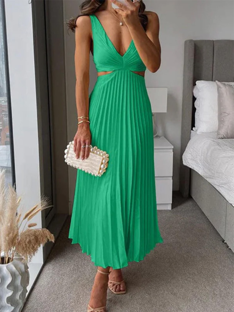 Ins Suspender Pleated With Hollow-waisted Long Dress - Image 3
