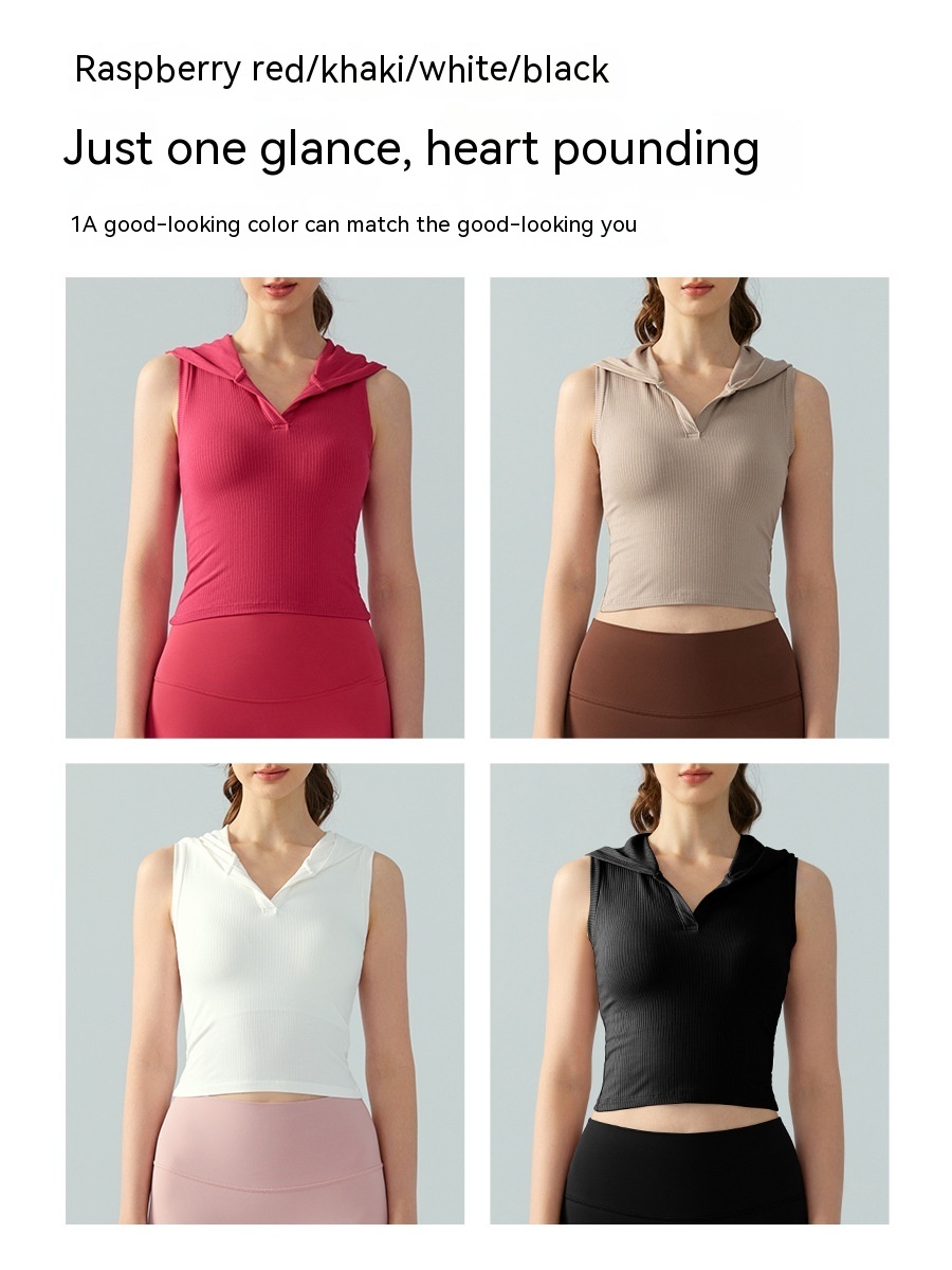 Women's Solid Hooded Ribbed Yoga Vest - Image 7