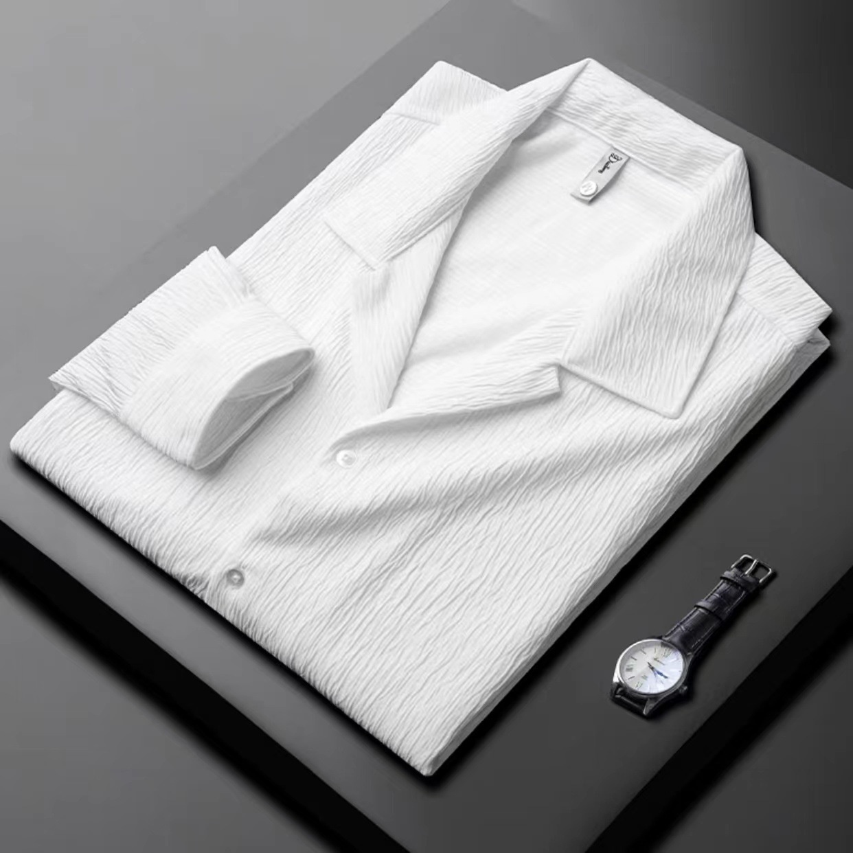 Men's Long Sleeve Cuban Collar Pleated Shirt - Image 5